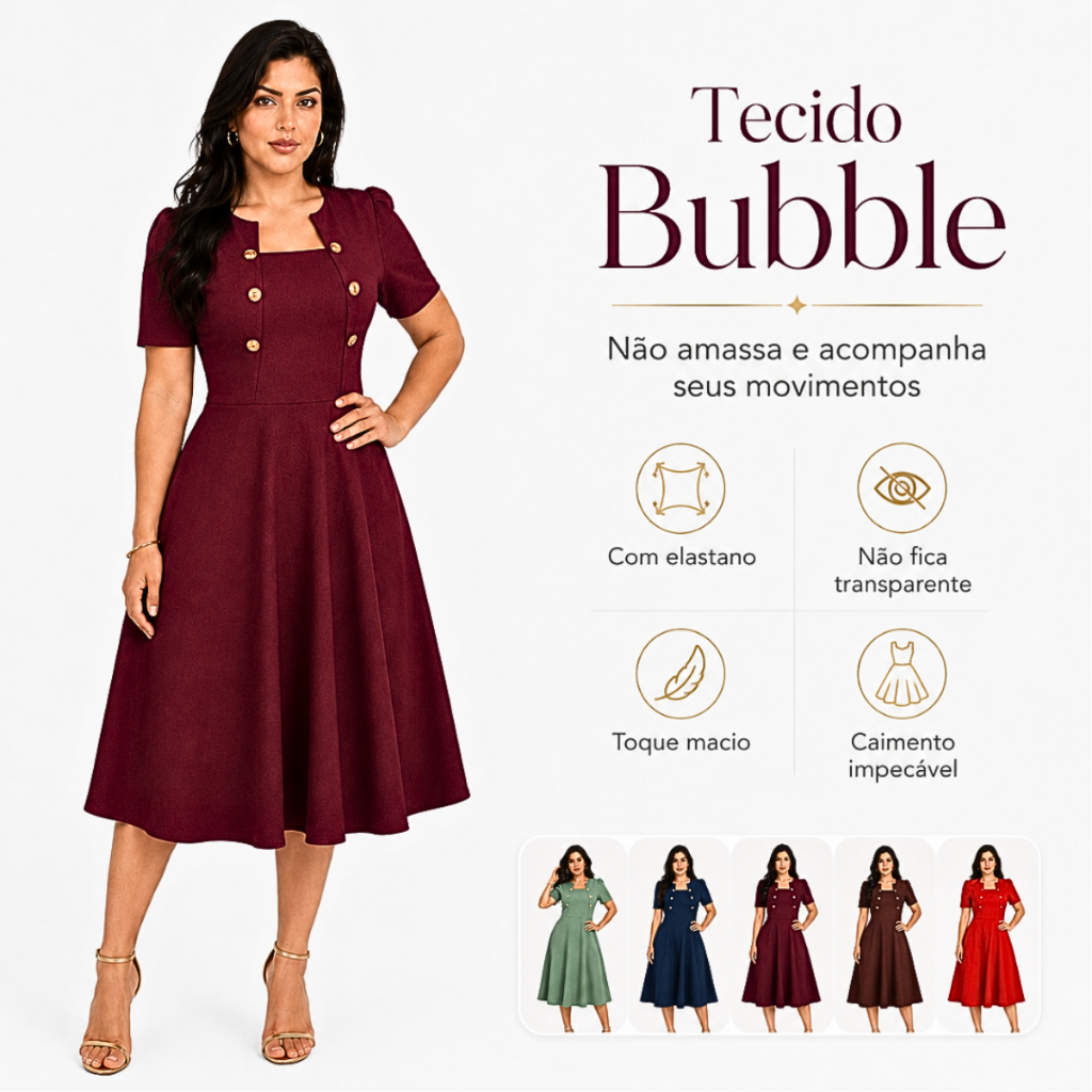 Vestido Midi Evasê Feminino Elegante Moda Evangélica Tecido Premium Com Botão Social