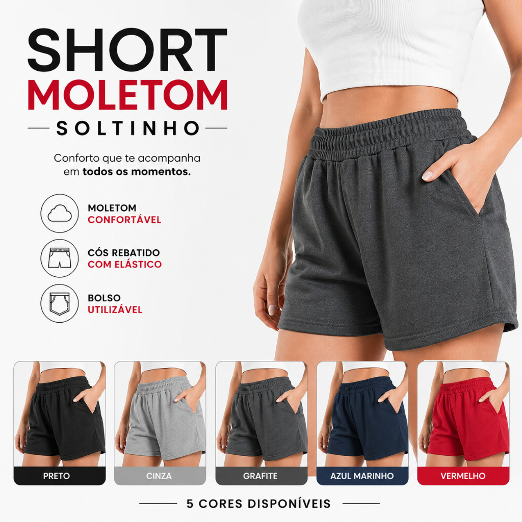 Short Moletom Feminino Soltinho Academia Casual Fitness Dia a Dia P ao GG