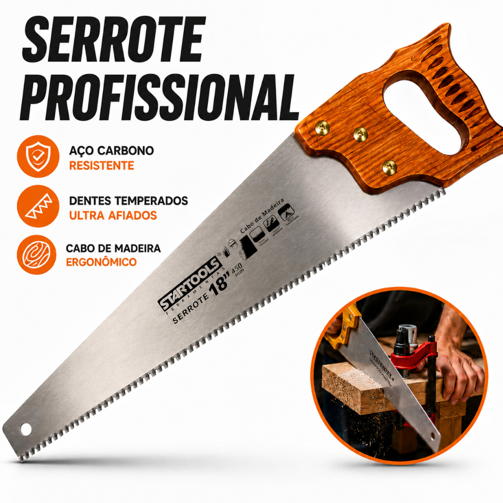 Serrote Profissinal Para Madeira 18" Cabo Madeira 6 Dentes Por Polegada Temperado Aço Carbono