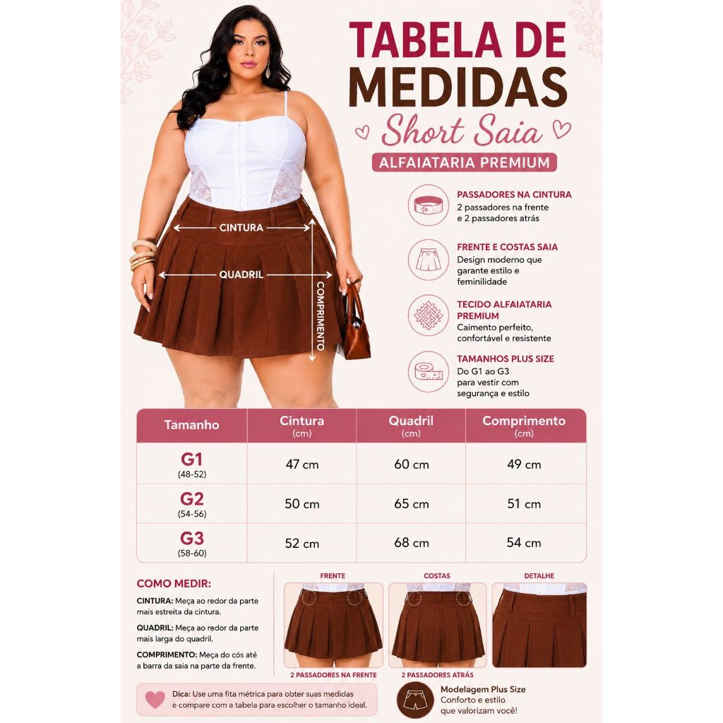 Short Saia plissado Plus Size Feminino alfaiataria com Cintura Alta Confortável G1 G2 G3 Moda Casual