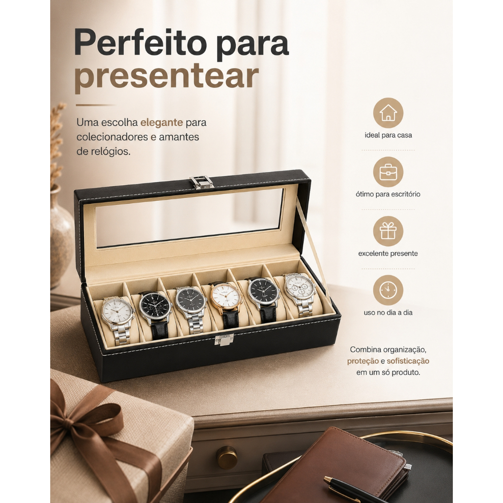 Caixa Porta Relógio Premium Divisórias Removíveis Revestimento Couro Aveludado 6 ou 9 Compartimentos com Espelho
