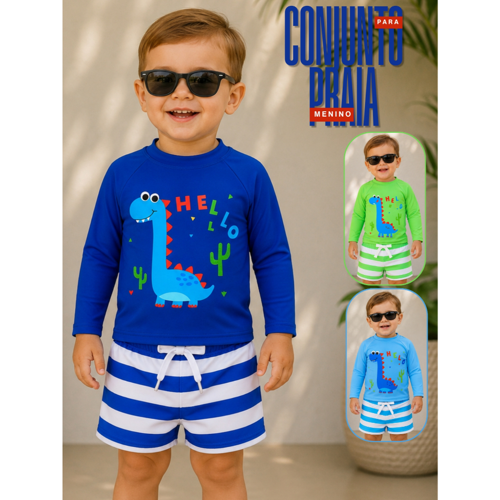 Sunga Boxer Conjunto UV 50+ Infantil Menino com Camiseta Proteção Solar Verão