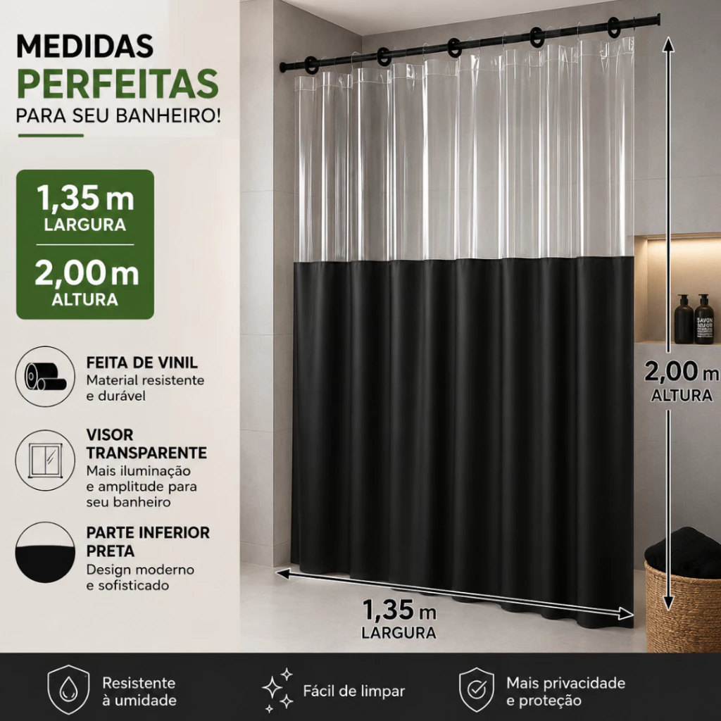 Cortina De Box e Banheiro Com visor Transparente E ilhós de Brinde Reforçado 1,35m X 2,00m ENVIO IMEDITO