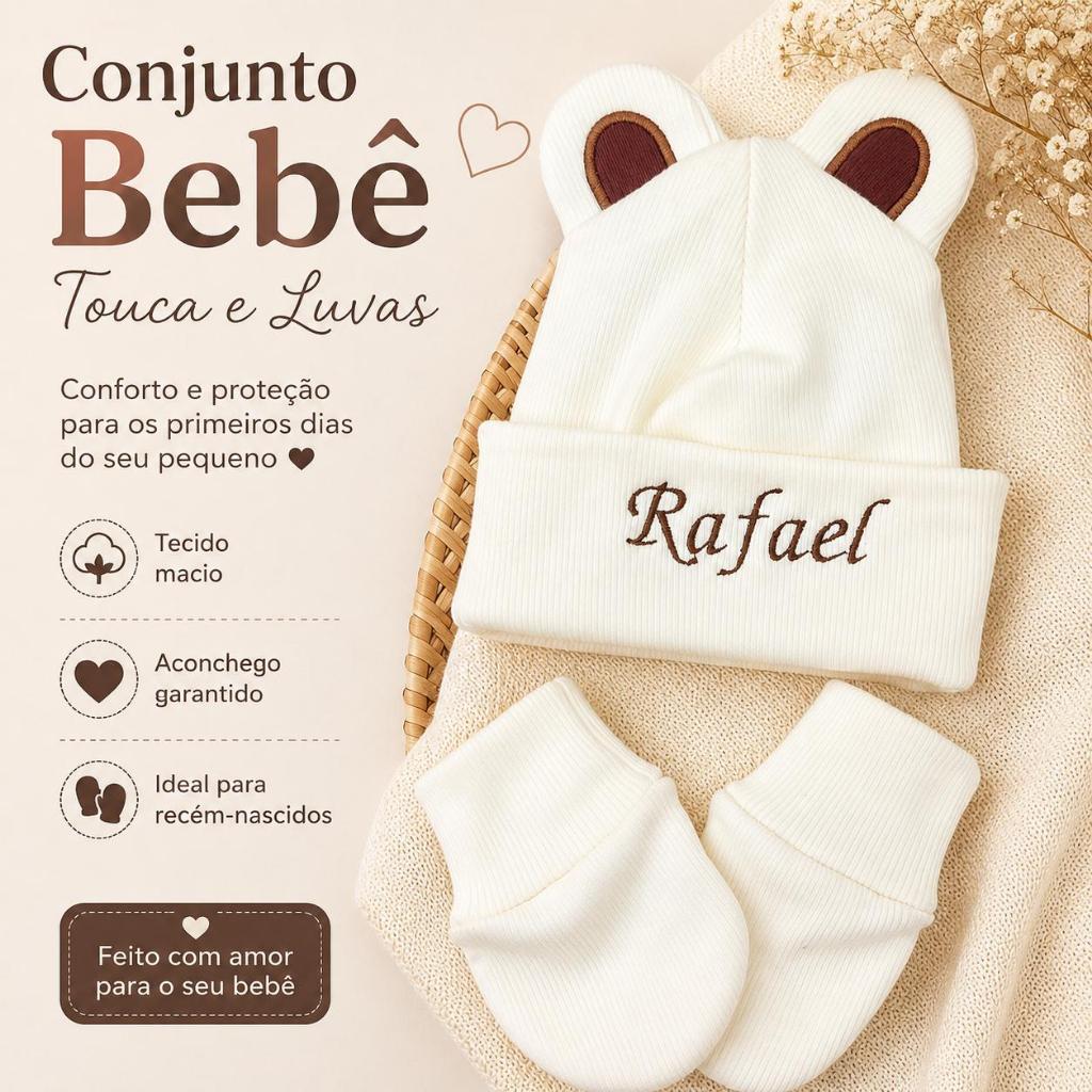 kit Touca RN Personalizada Com Nome E Orelha De Ursinho E Luva/Presente Para Bebês/Saída De Maternidade
