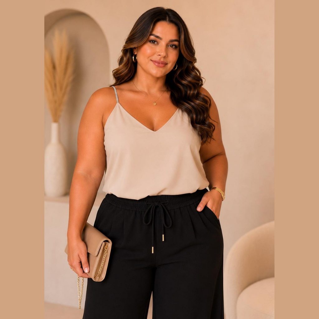Regata Plus Size Feminina Alça de Strass Brilho Blusa Duna Forrada Elegante Básica Sofisticada Moda Casual