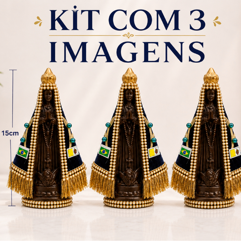 Kit 3 Imagens Nossa Senhora Aparecida 15cm Manto Colado Decorada Pérolas Católica Decoração Religiosa