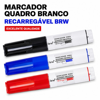 Kit 3 Marcadores Quadro Branco BRW Recarregáveis com Cartucho Refil Ponta Redonda 2mm Azul Preto Vermelho