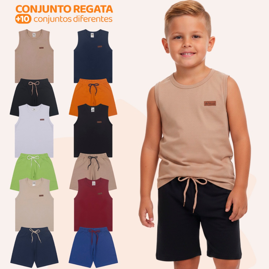 Kit 4 ou 6 Peças Regata Infantil Menino Camiseta e Short Verão Masculino Roupa Criança Algodão Casual Dia a Dia Kids