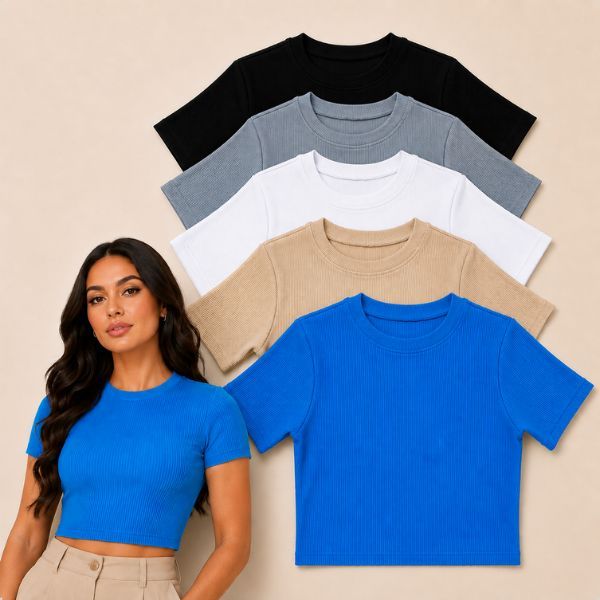 Kit 5 Blusinhas Femininas Cropped Manga Curta Anarruga Premium Confortável autentico Estiloso Lançamento