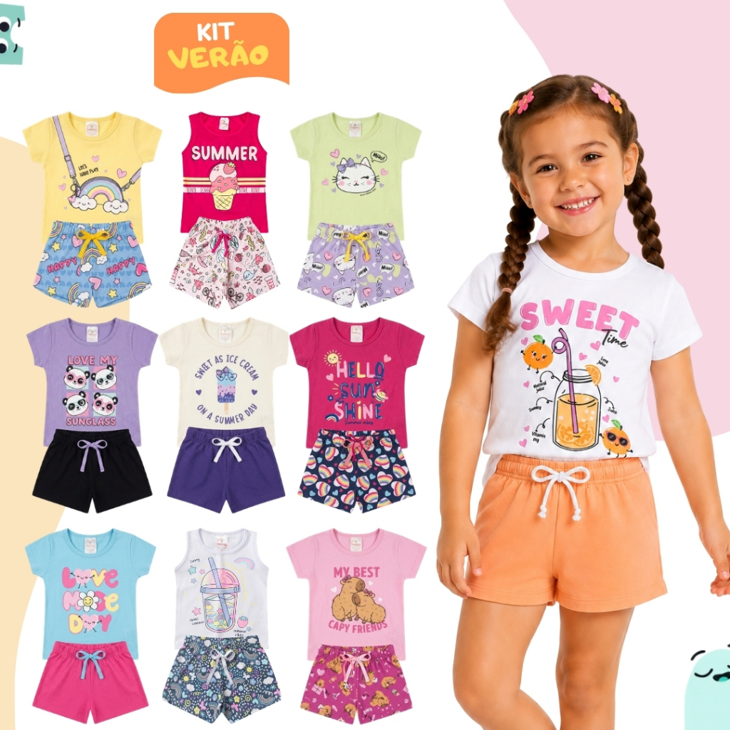 2 Peças Roupas Infantil Menina Sortido Verão Conjunto Criança Feminino 1 Camiseta + 1 Shorts Pronta Entrega