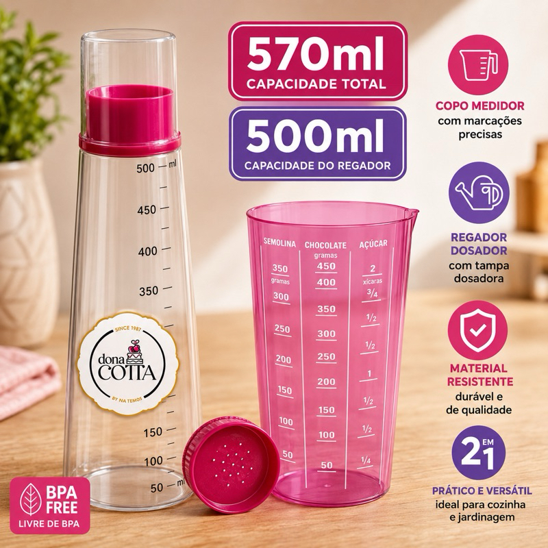 Regador de Massa para Bolo 500ml + Copo Medidor 570ml Rosa BPA Free Kit Confeitaria