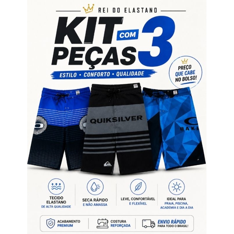 KIT C/3 BERMUDAS MASCULINAS DE ELASTANO PARA PRAIA PISCINA ACADEMIA PARA REVENDA SHORTS RENDA EXTRA