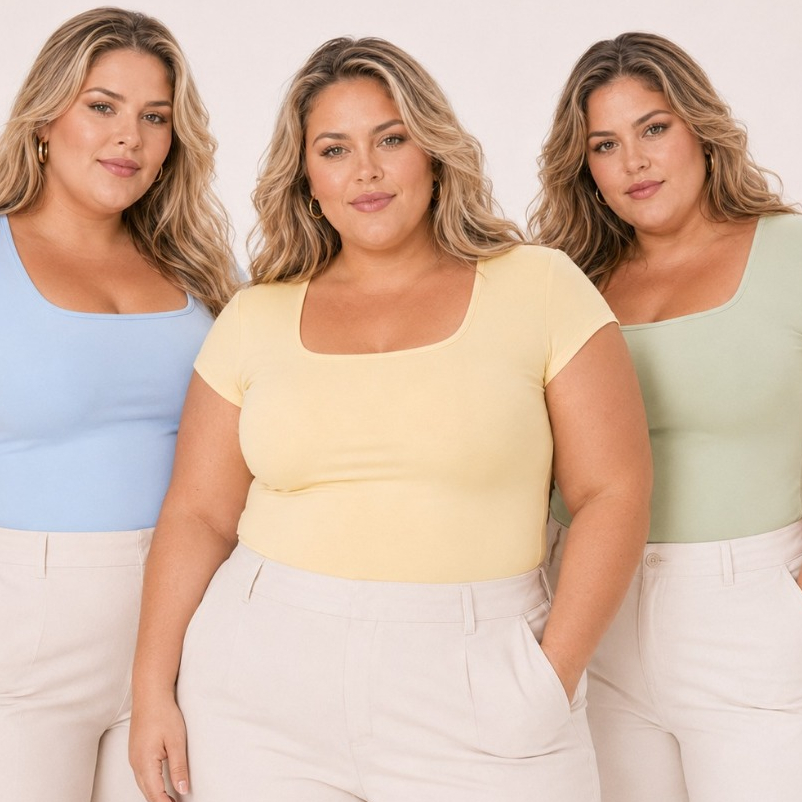 Blusa Feminina Gola Quadrada em Suplex com Forro Manga Curta Básica Elegante Plus Size P ao G2