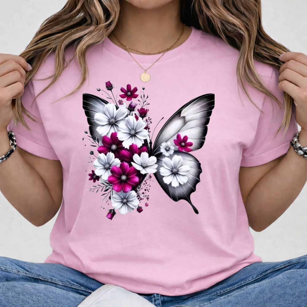 Camiseta Casual Feminina Coleção Coquette-2 com Estampa de Borboleta-preta. — imagem 2 de 2