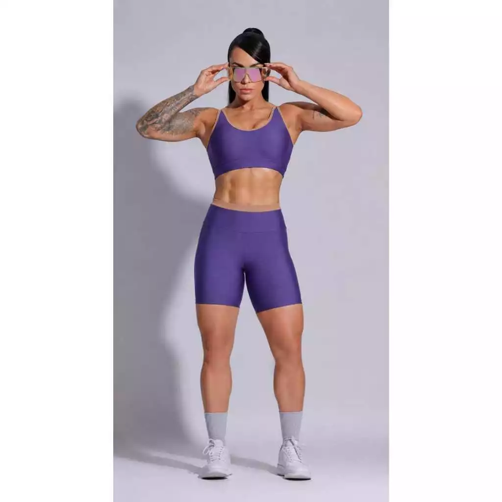 Conjunto Fitness Feminino Top Alça Larga + Bermuda Cintura Alta Roxo — imagem 1