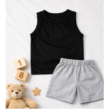 Conjunto Infantil Masculino Camiseta de Regata de Algodão + Bermuda de Moletinho