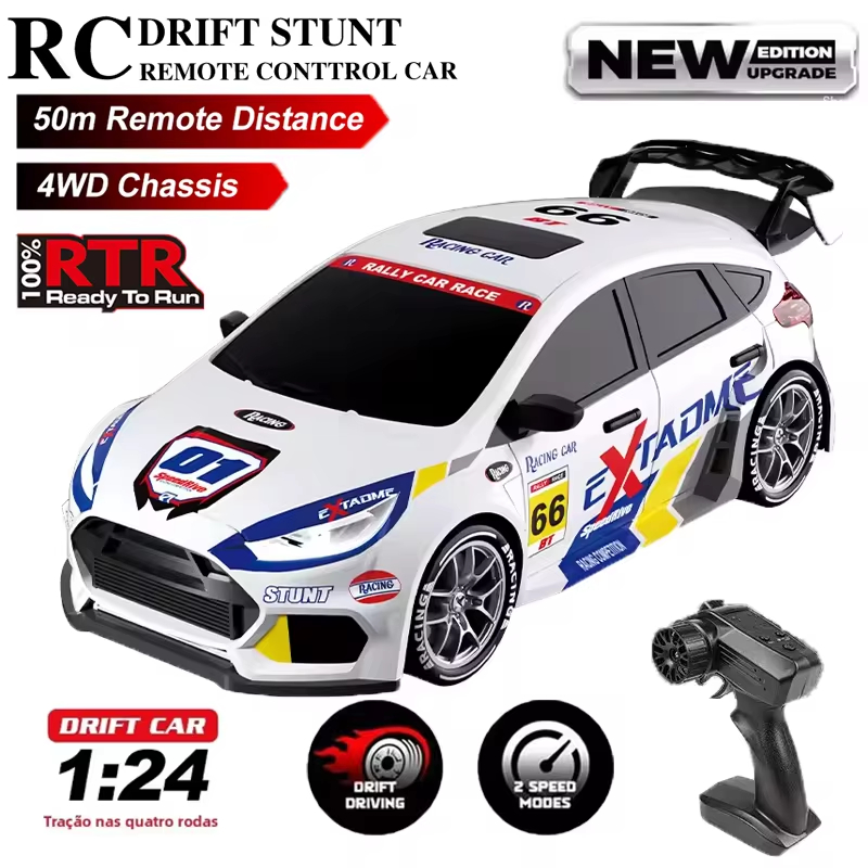 Carrinho Drift Controle Remoto 4WD RC com Luzes LED 2 Velocidades Pneus Extras Recarregável USB