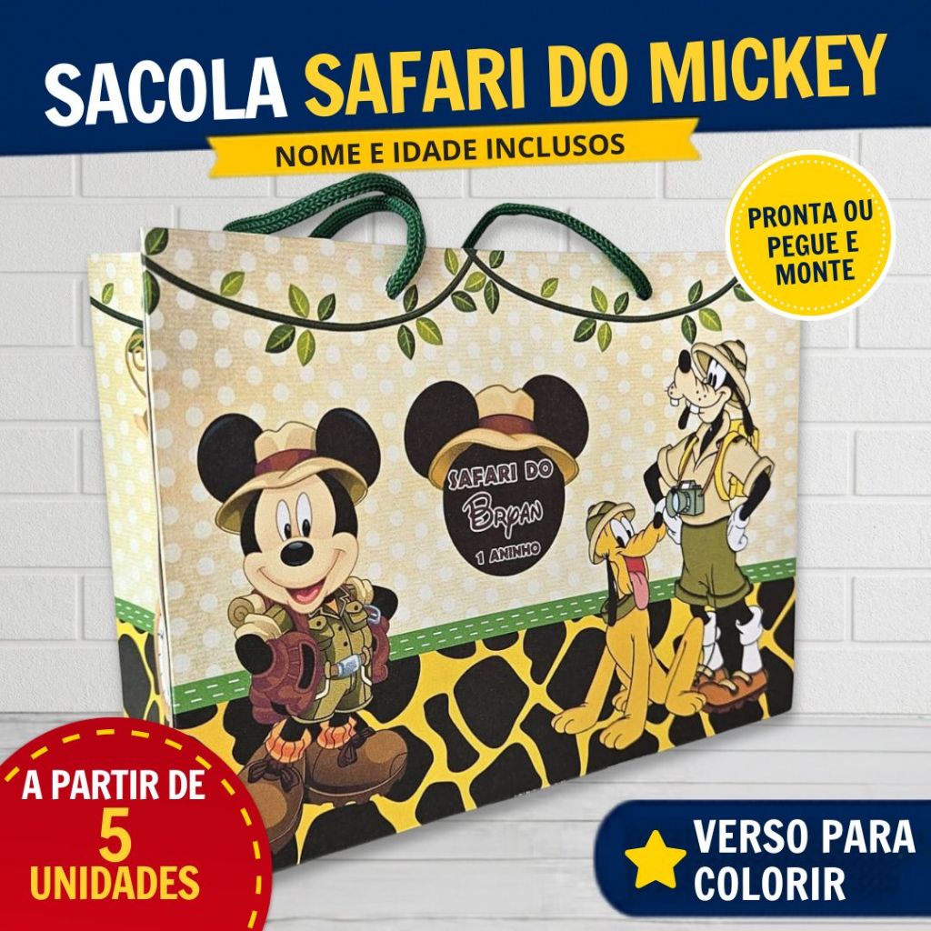 Kit Sacola Safari do Mickey Personalizada | Lembrancinha Festa Infantil Aniversário | Nome e Idade