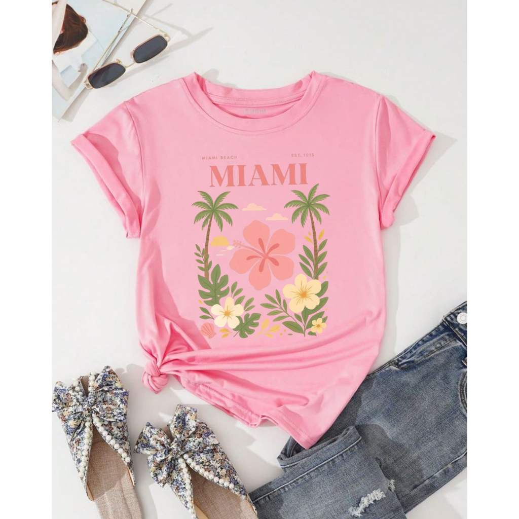 Camiseta Rosa Estampa Miami T-shirt Feminina 100% Algodão Premium Casual Estilosa Confortável Versátil