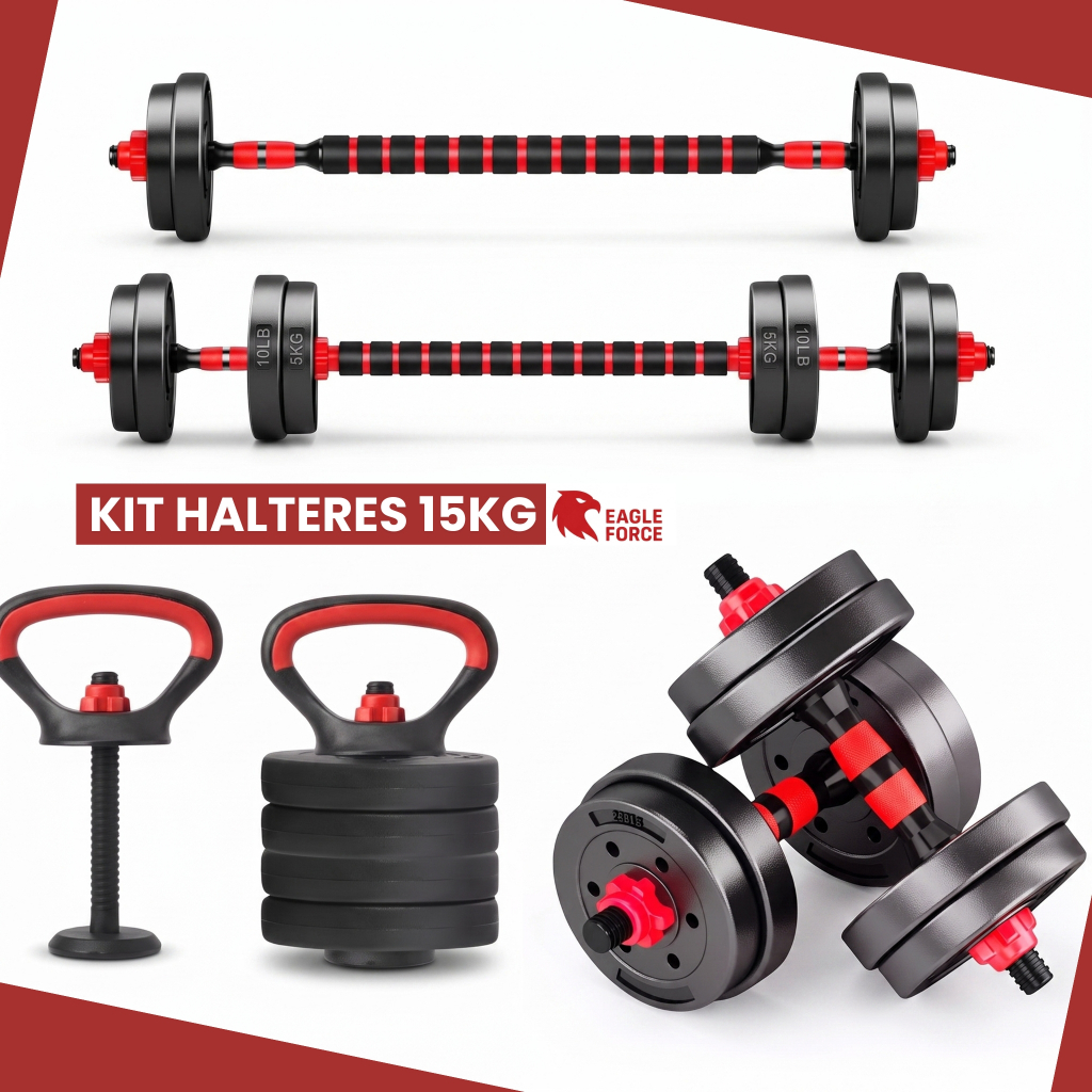 Kit Halter Dumbbell E Kettlebell Ajustável 15kg Eagle Force Treino Funcional Musculação 15KG