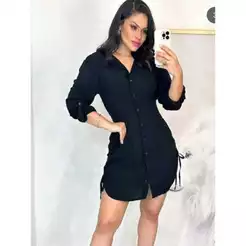 Vestido Chamise Feminino Manga Longa com Botões Ajuste Lateral Elegante Casual Premium