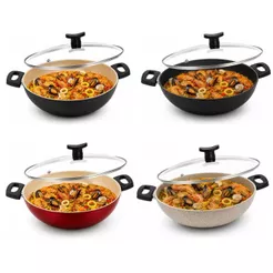 Frigideira Wok com Tampa 30cm Grande Alta Antiaderente Teflon de Vidro Caçarola paella paelleira