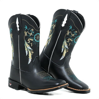 Bota Texana Feminina Pena Bordada Couro Legítimo Cano Alto Country