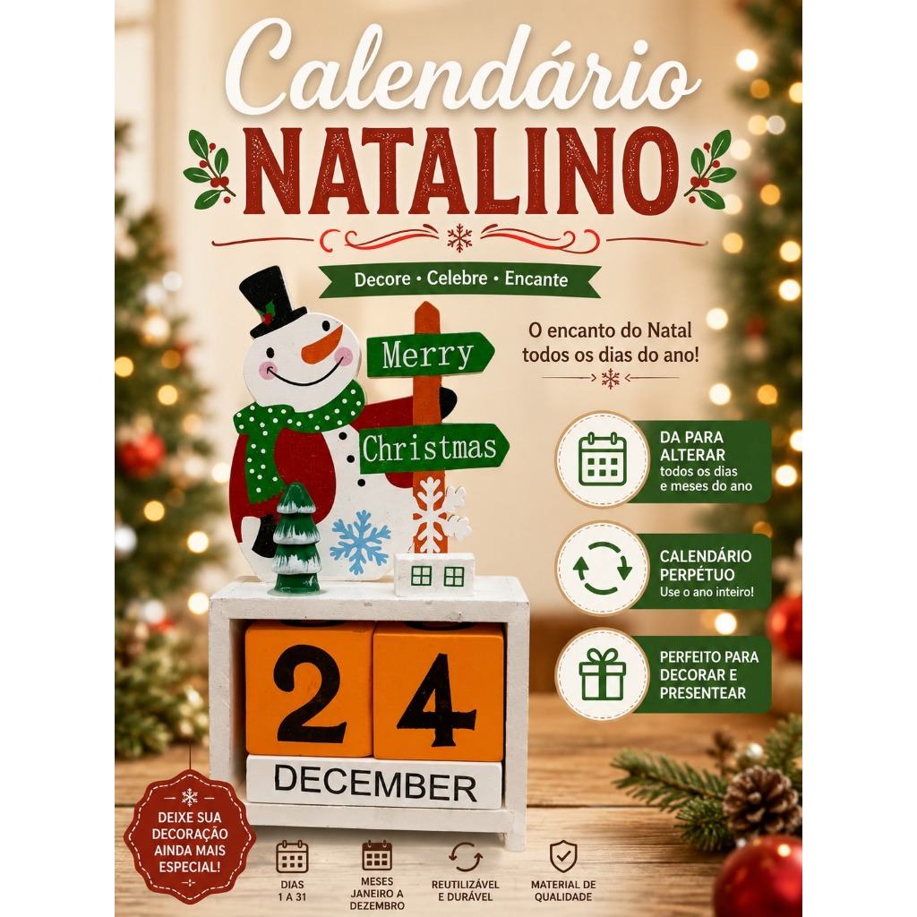 Calendário Natalino Decorativo de Madeira – Perpétuo | 14 cm enfeite de natal