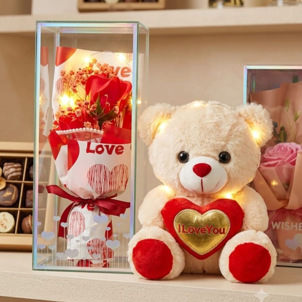 Kit Presente Ursinho de Pelúcia 23 com Buquê Flores Rosas Perfumadas | Presente para Namorada, Esposa, Casal