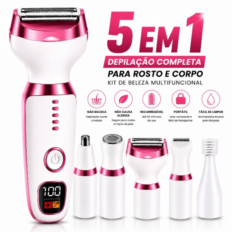 Depilador Elétrico 5 Em 1 Aparador de pelos Recarregável Facial Corporal Kit de Beleza Usb