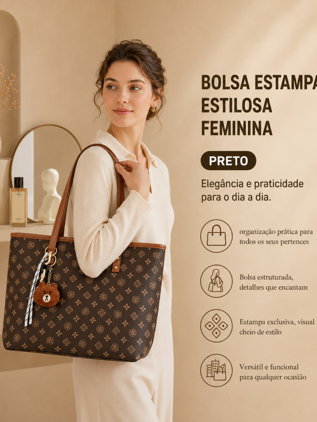JAMI JAMI Bolsa Tote Feminina em Couro PU com Estampa Delicada e Pingente de Urso para Trabalho e Dia a Dia TM9187
