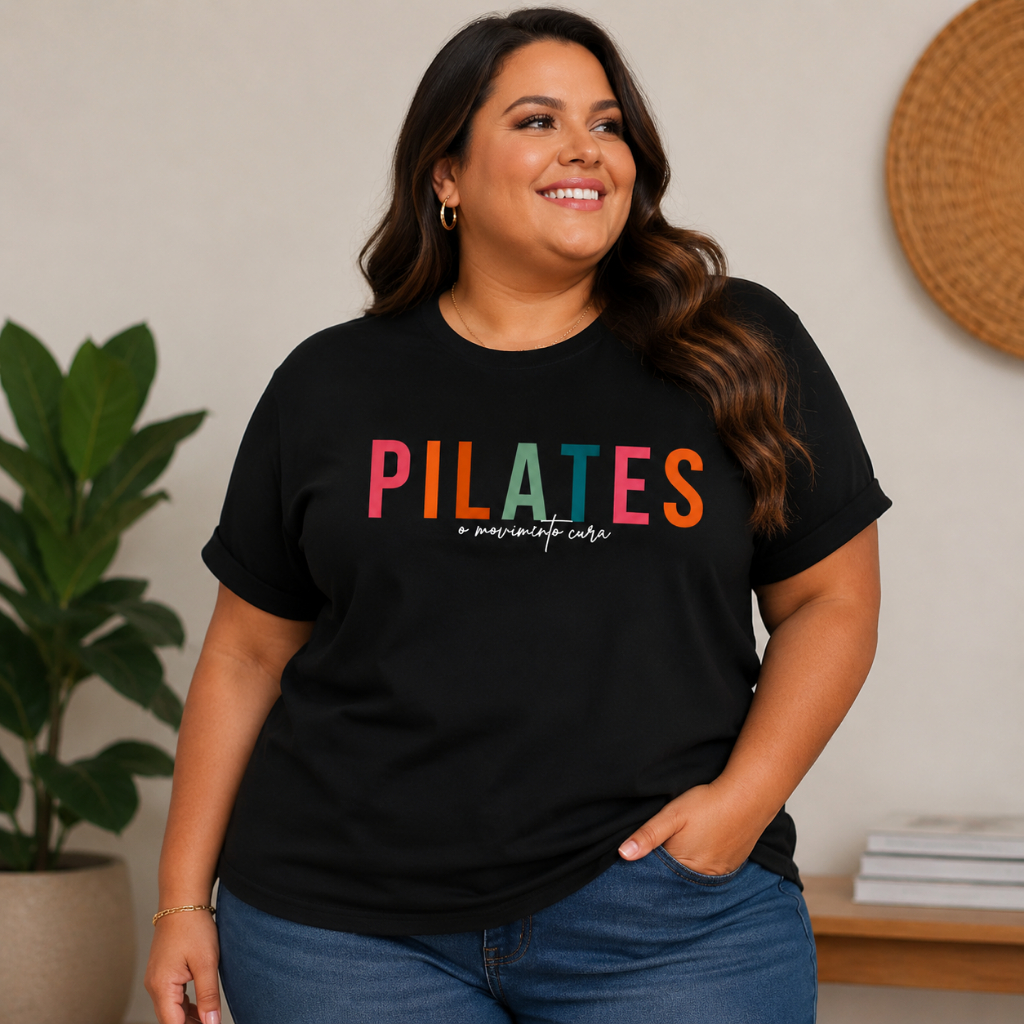 Camiseta Plus Size Feminina T-Shirt Pilates O Movimento Cura Estampada Algodão Confortável Moda Fitness Várias Cores