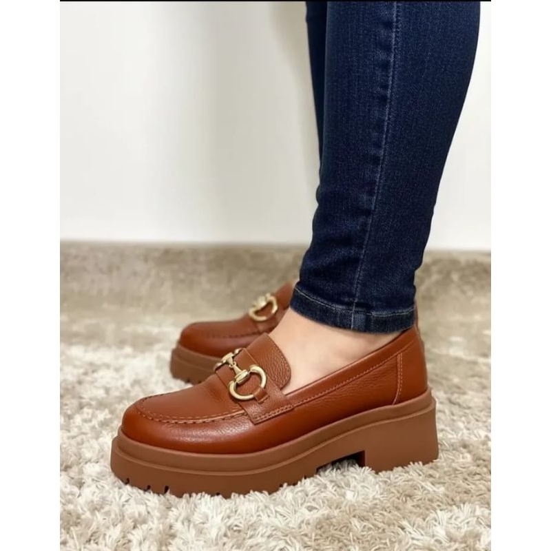 Mocassim Feminino Confortável Oxford tratorado Caramelo em Couro Legítimo