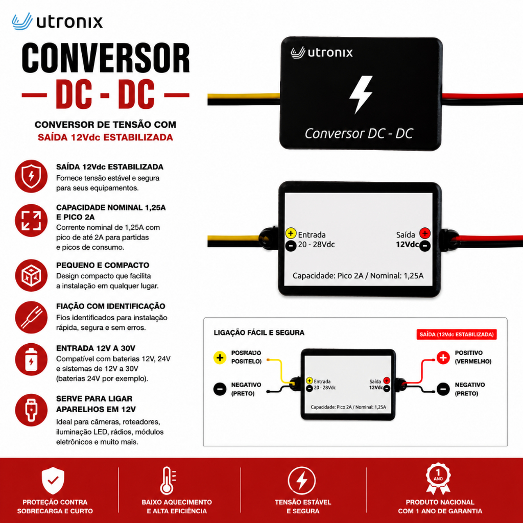 Conversor de tensão de 24V para 12V 2A universal entrada 24V saida 12V Step down Proteção curto-circuito 1,25A nominal