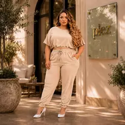Conjunto plus size feminino soltinho com mangas calça jogger e blusa tamanhos grandes cores variadas