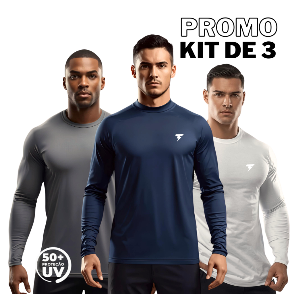 Kit 3 Camisa UV Masculina Térmica Proteção Solar Blusa Manga Longa Academia Corrida Praia Camiseta Solar