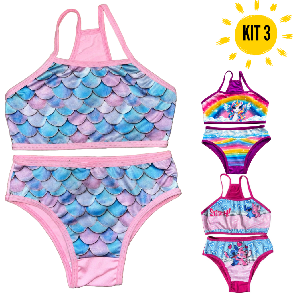 Kit 3 Conjuntos biquini Nadador Sublimados desenhos infantil moda praia verão presente meninas natal