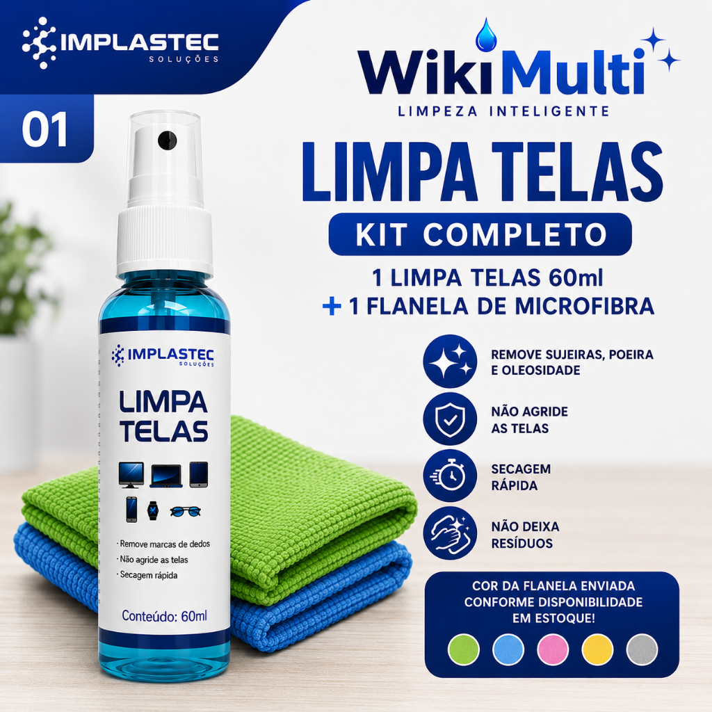 Limpa Telas Wk ISO. Implastec 60ml + Flanelas Microfibra Notebook TV Celular Monitor Tablet Óculos
