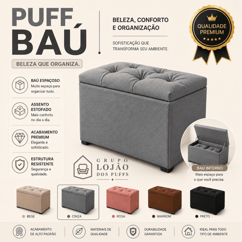 PUFF BAÚ ESTOFADO EM SUEDE BANQUETA ORGANIZADOR PARA QUARTO PENTEADEIRA PORTA OBJETO CASA DECORATIVO