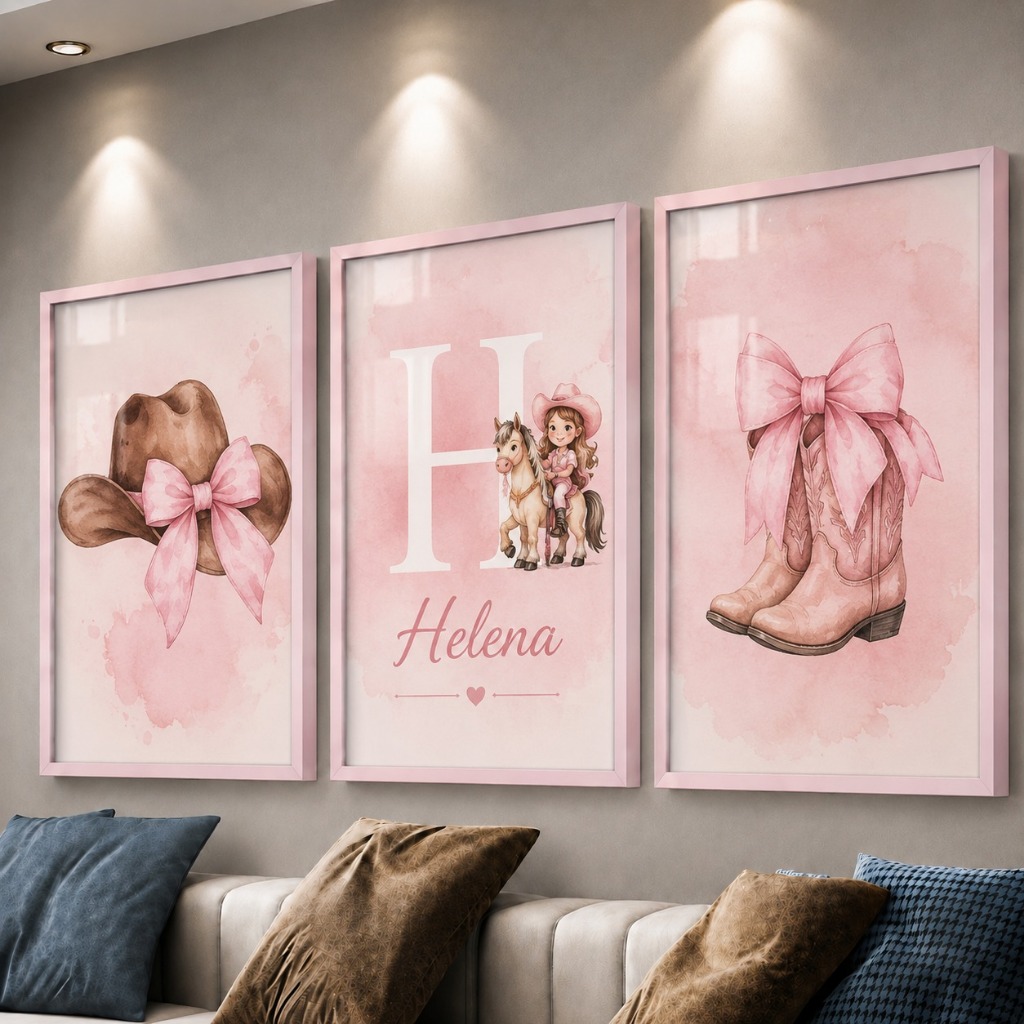 Kit 3 Quadros Decorativos Infantil Menina Country Cowgirl com Cavalo, Chapéu, Botas e Nome Personalizado para Quarto