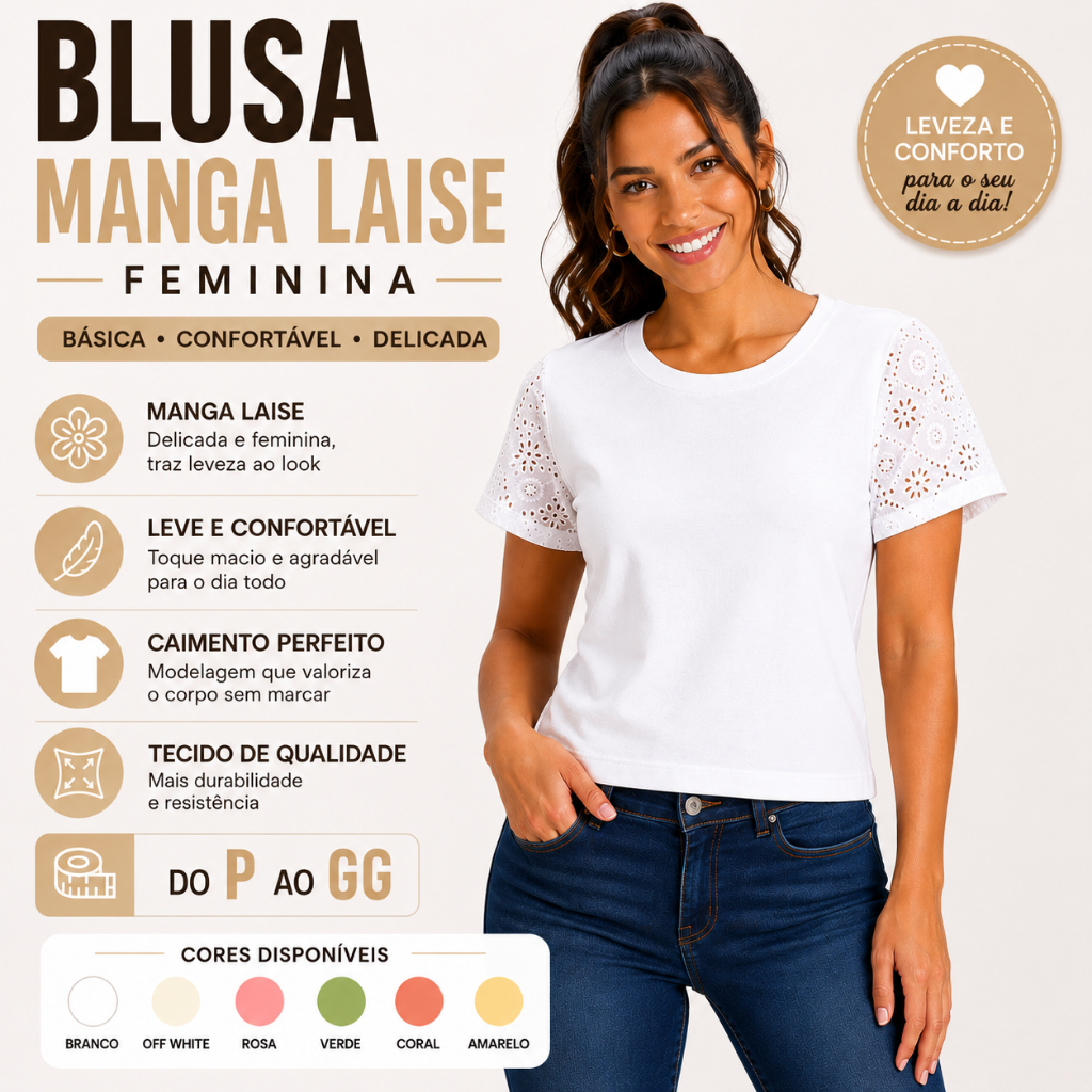 Blusa Feminina Bordada Algodão Dia a Dia Básica Manga Laise Casual Camiseta Leve Verão 25635-C1