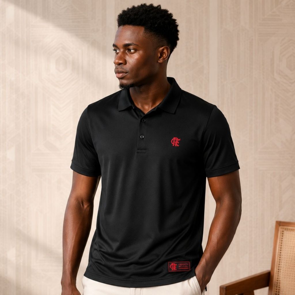 Camisa Polo Flamengo Masculina Original Licenciada Preta Coimbra Escudo Emborrachado Poliamida Premium