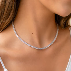 Colar choker Riviera Navete Feminino Folheado a Prata com Zircônias Cristal Ajustável Delicado Luxo