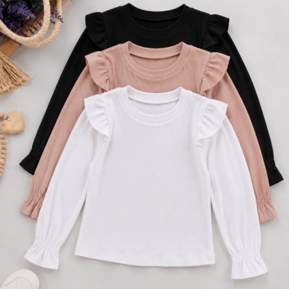Blusa Infantil Menina Manga Longa Canelada Premium Meia Estação Babado No Ombro tecido Resistente com Elasticidade