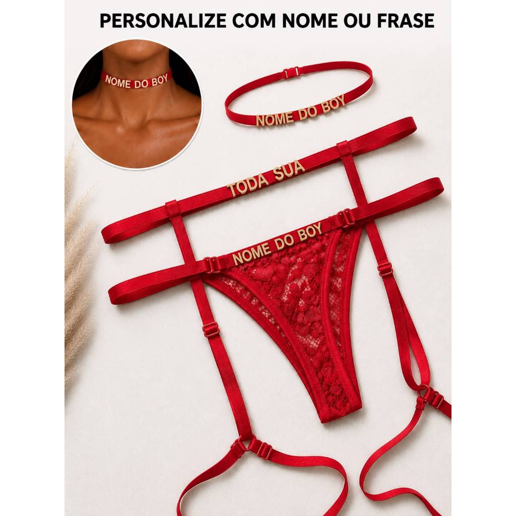 Kit Calcinha + Gargantilha + Cinta Liga Personalizados Nome ou Frase