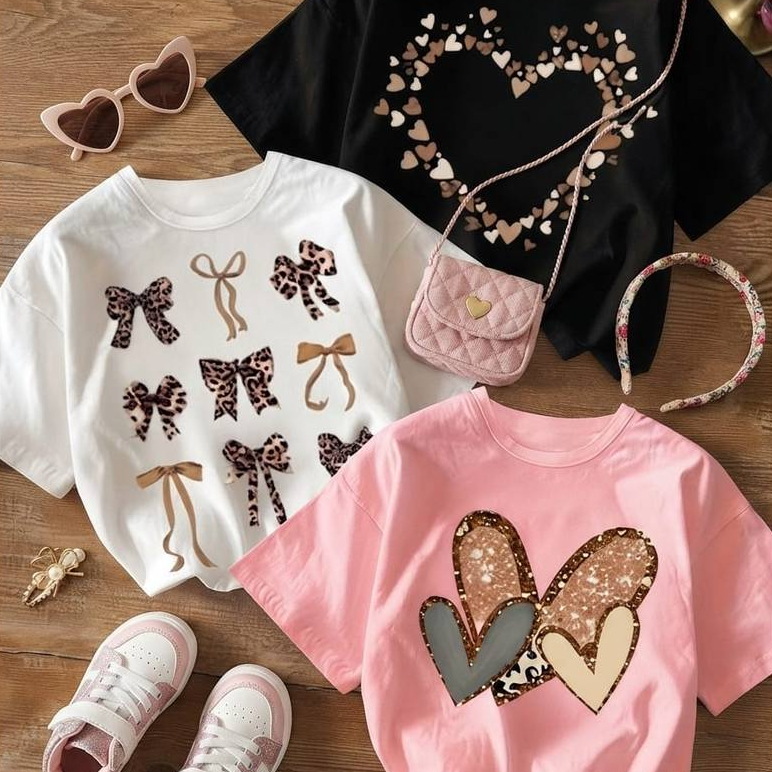 Kit 3 Camisetas Infantil Meninas Estampada Delicada Blogueira Moda Criança Corações 100% Algodão