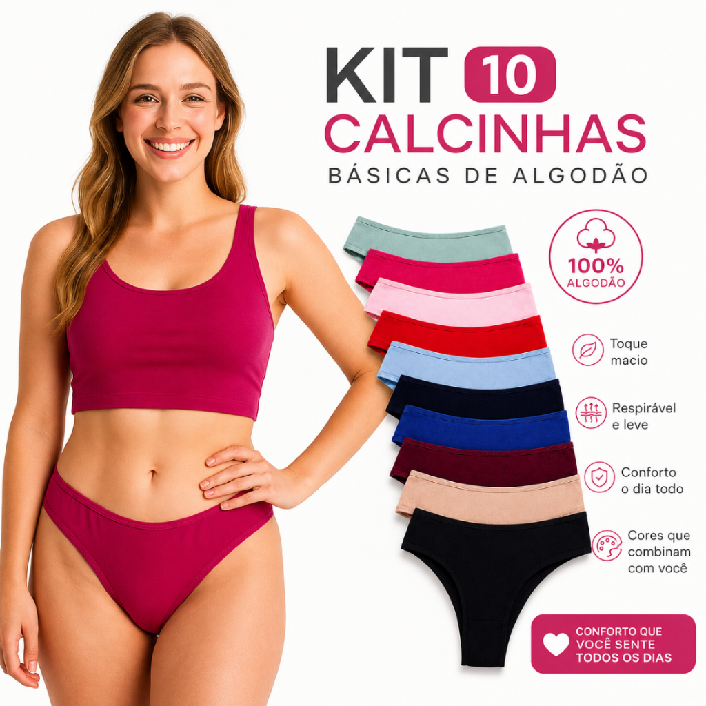 Kit 10 Calcinhas em Algodão Modelo Tanga Conforto com Forro 100% Algodão Básicas para o Dia a Dia