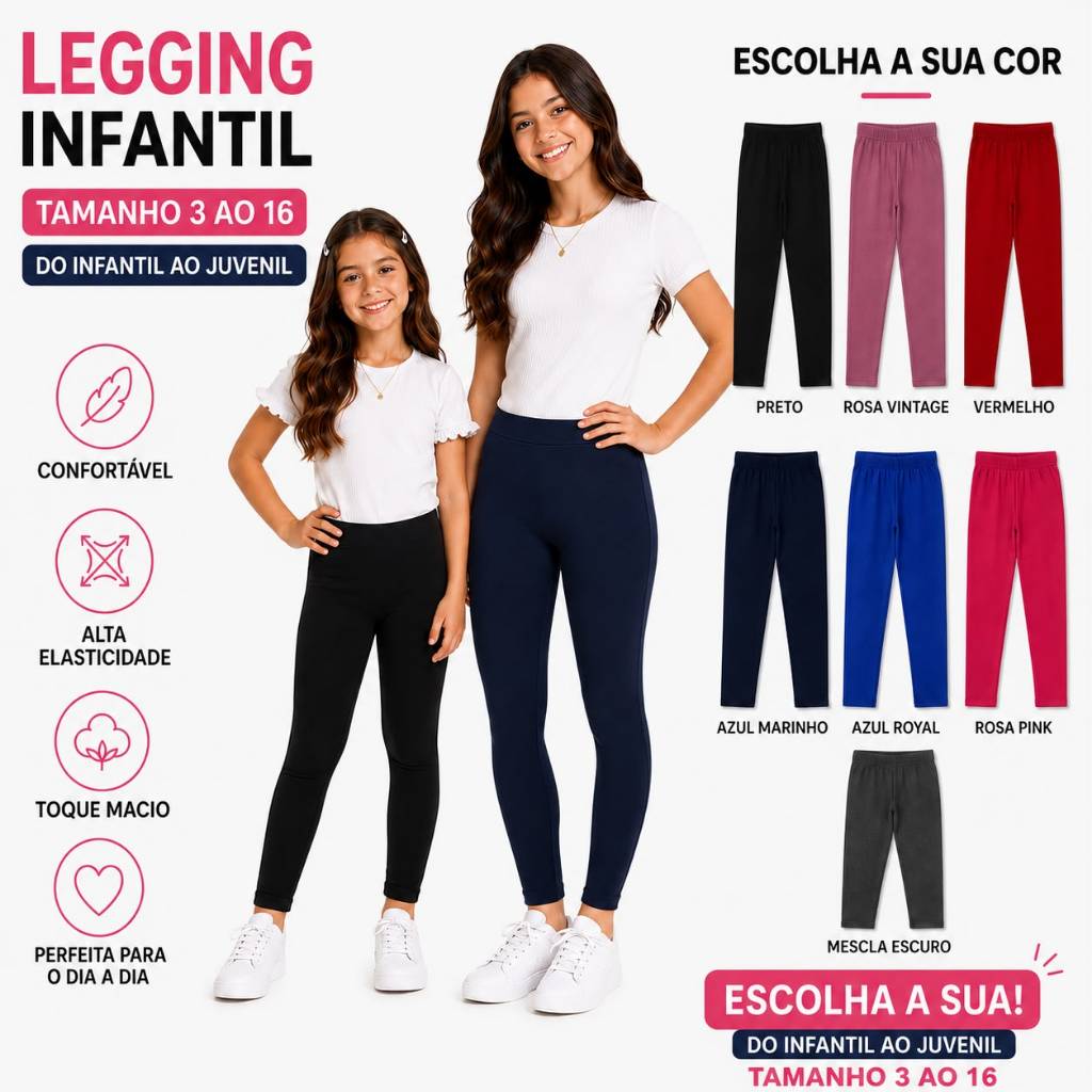 Legging Leg Cotton Infantil Juvenil Menina Tam 1 ao 16 Calça Lisa Cores Sortidas