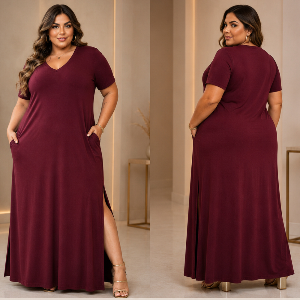 Vestido plu size feminino longo gola V viscolycra premium GG ao G2 confortável vestidos plus soltinho