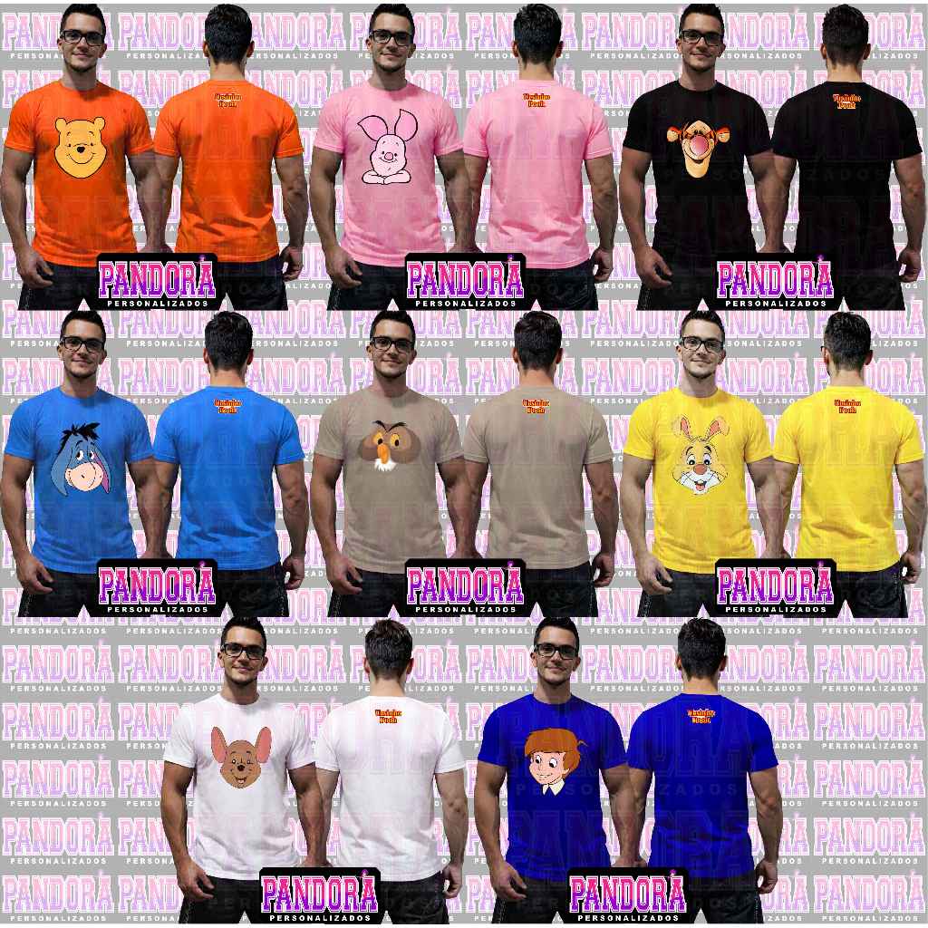 Camiseta personalizada Ursinho Pooh personagens divertidos e animados em tamanho infantil e adulto